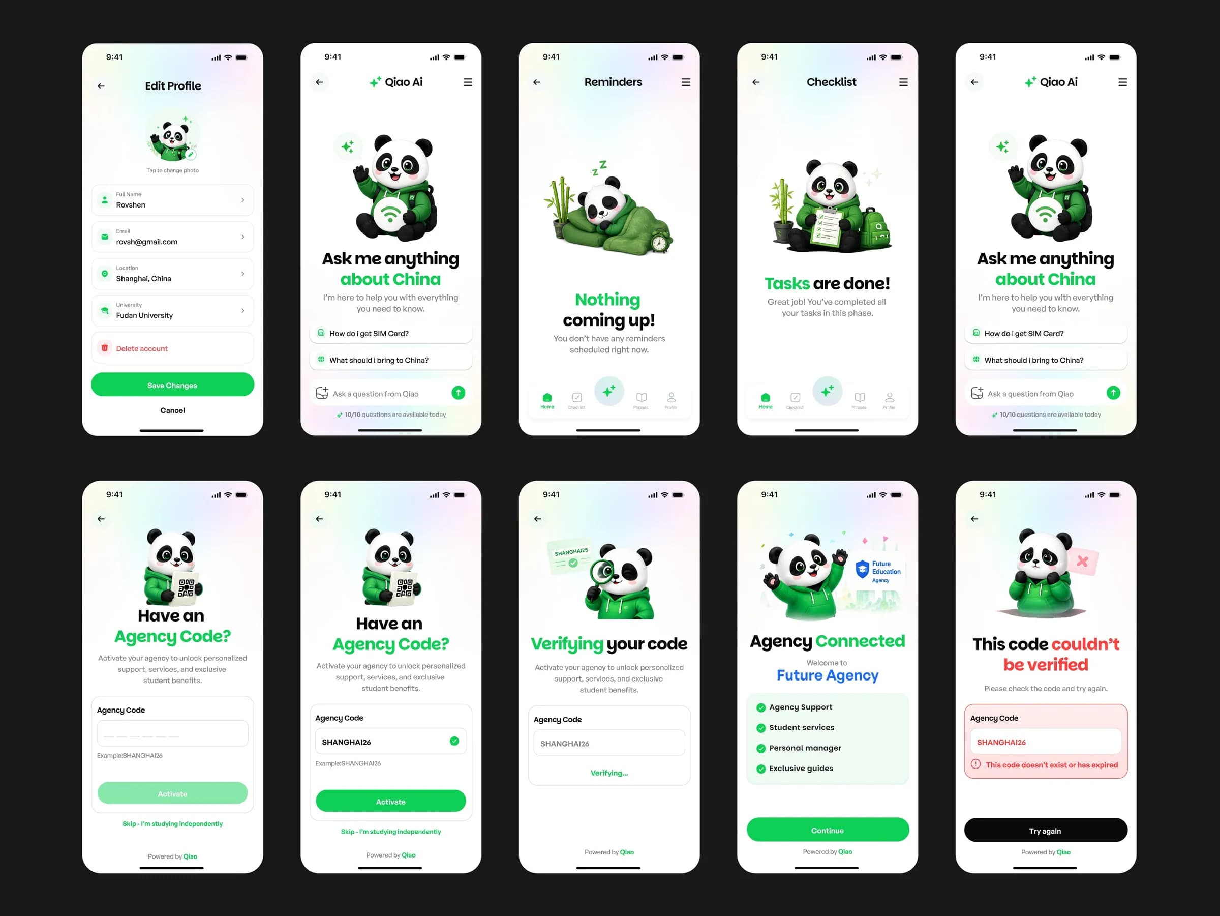 Qiao app checklist and phrasebook screens