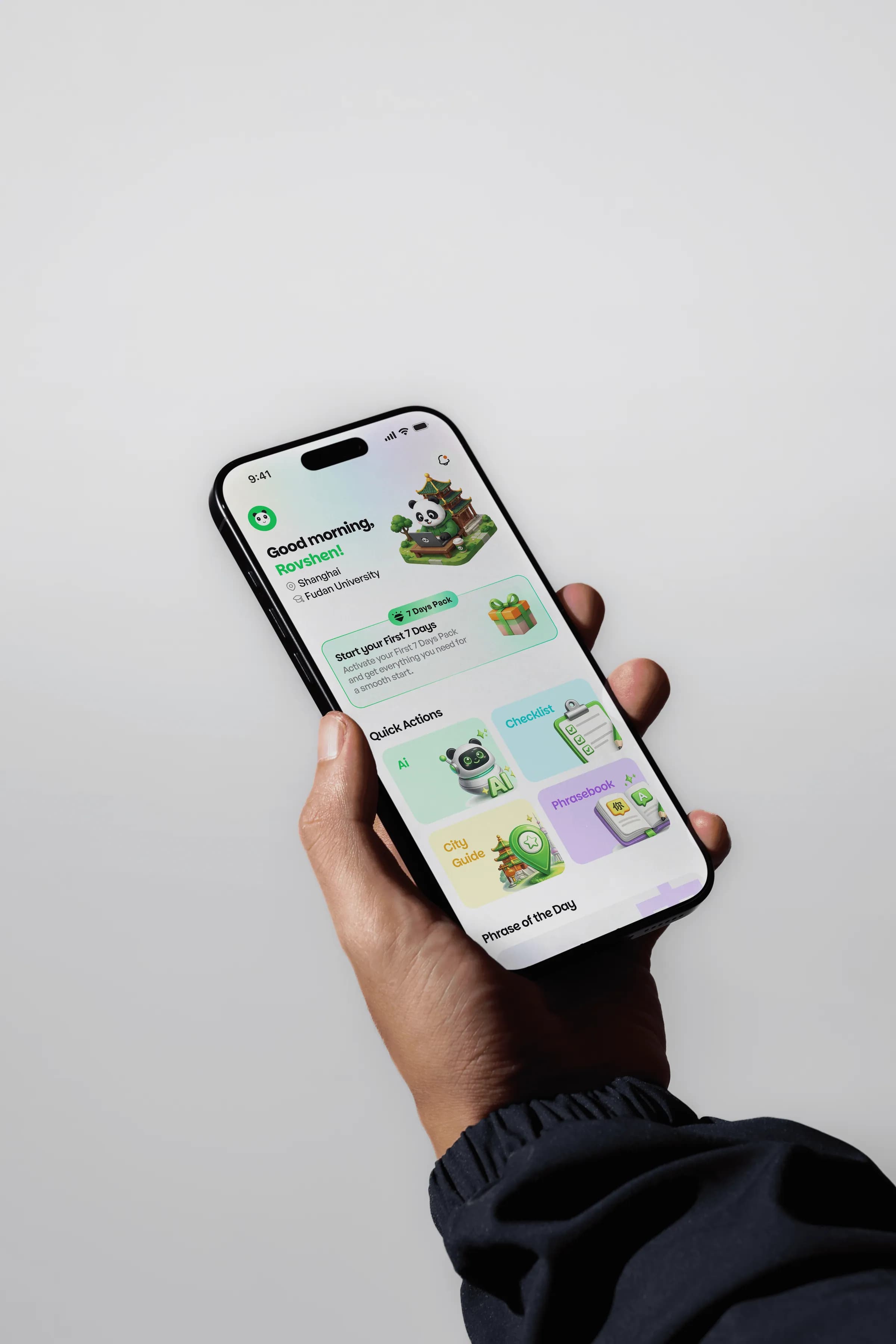 Qiao app home screen on an iPhone held in hand